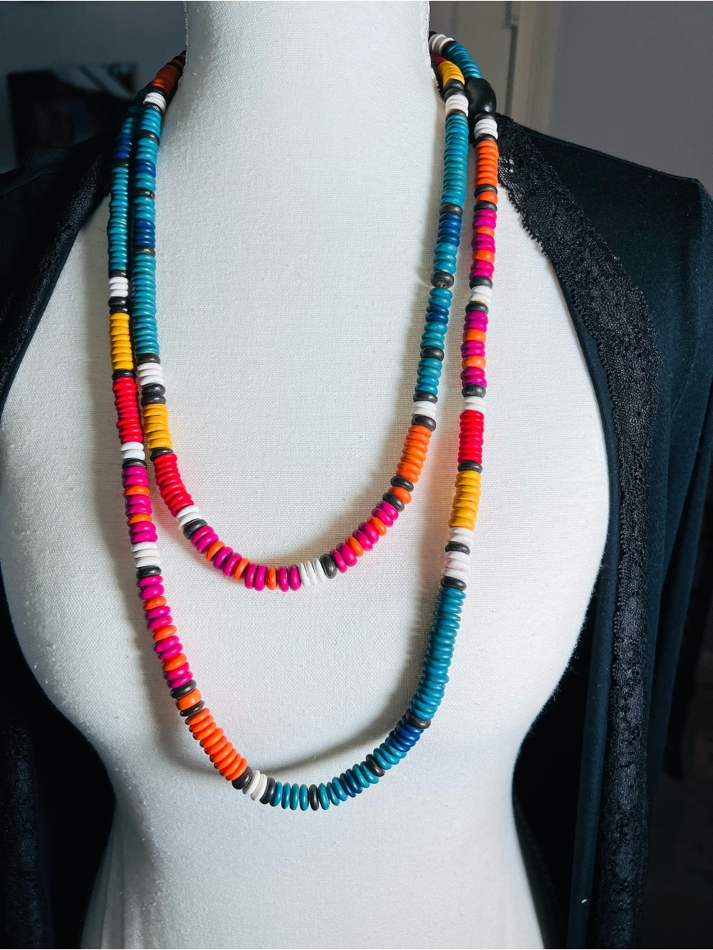 Multicolor Heishi Disc Bead Layered Necklace - Vibrant Pink, Teal & Orange
